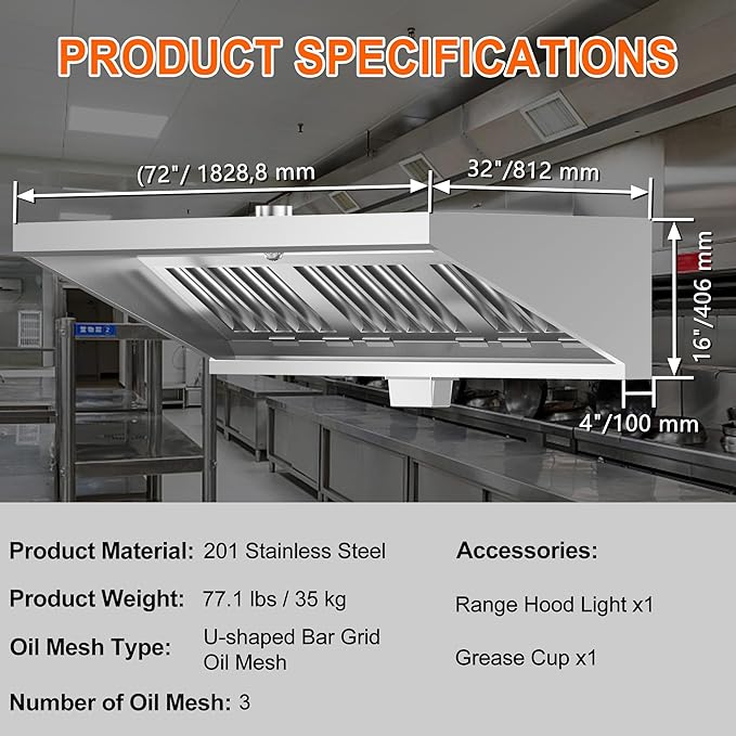 Commercial Exhaust Hood 6 FT Stainless Steel Concession Trailer Hood with 3 Removable Hood Filters(No Motor), Grease Cup and Hood Light, Rust Resistant Vent Hood for Commercial Kitchen, NSF Listed