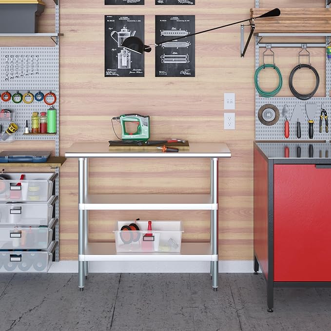 AmGood Stainless Steel Work Table with 2 Shelves | NSF | Metal Utility Table (48" Long x 14" Deep)