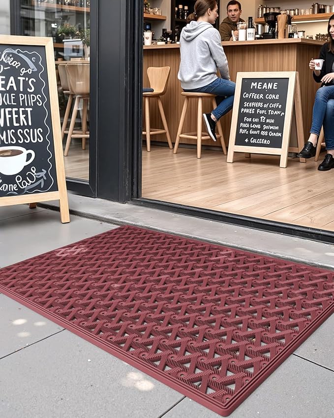 DEXI Front Door Mat Outside Entrance Rubber 19x30, Welcome Floor Doormat Heavy Duty Non Slip, Dirt Trapper Waterproof Exterior Entry Mats All Weather for Patio Entryway Drainage, Red