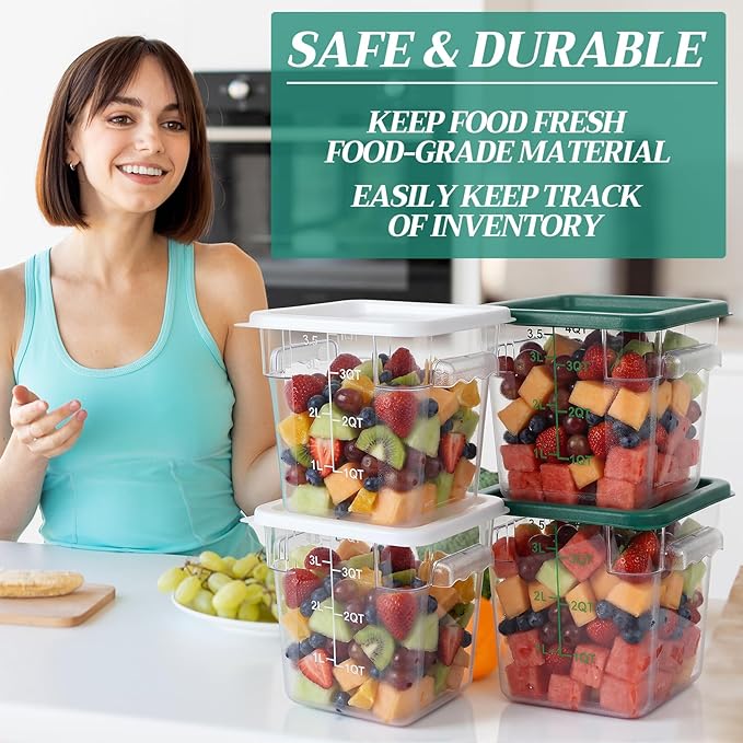 Lallisa 8 Pack 4 Qt Clear Food Storage Container with Handles and Lid Commercial Grade Square Food Containers with Lids Polycarbonate Storage Container for Home Kitchen Restaurant (White and Green)