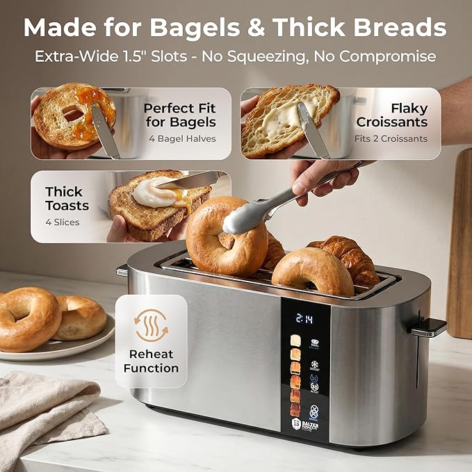 Toaster 4 Slice Wide Slot, Bagel Function, Long Slot, Stainless Steel, Touch Screen, Built-in Rack, Extra-Wide 1.5" Slots for Thick Breads & Bagel, Timer, BPA-Free, 6 Levels, Removable Tray