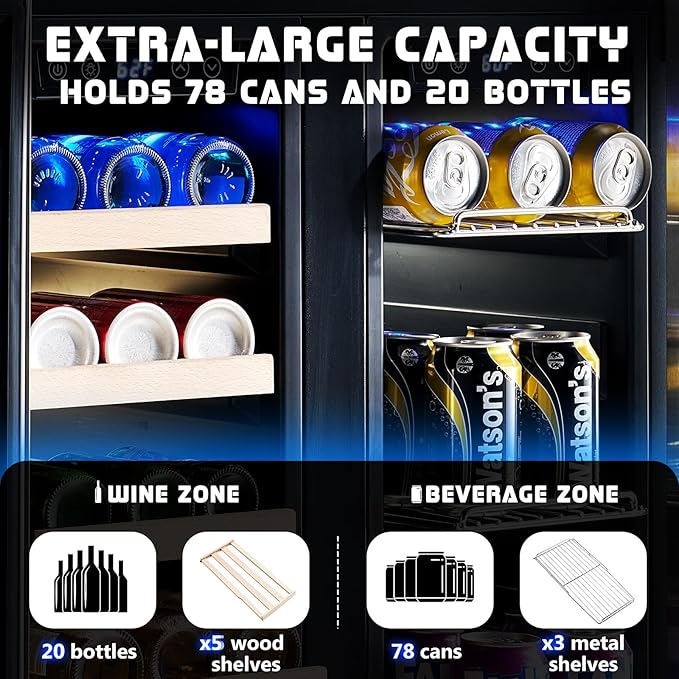 Jocisland Beverage Refrigerator, 24-Inch Dual Zone Fridge Cooler with Glass Door, Built-In or Freestanding for Wine and Beer, Holds 20 Bottles & 78 Cans, 34–64℉ & 41–68℉ for Kitchen, Bar, Office