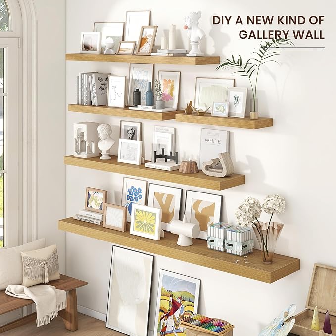 Floating Shelves for Wall 55"W x 10"D x 1.5"H, Long Engineered Wood Wall Shelves with Invisible Brackets for Living Room Bedroom Bathroom Office Kitchen Decor and Storage, Oak Finish, Set of 1