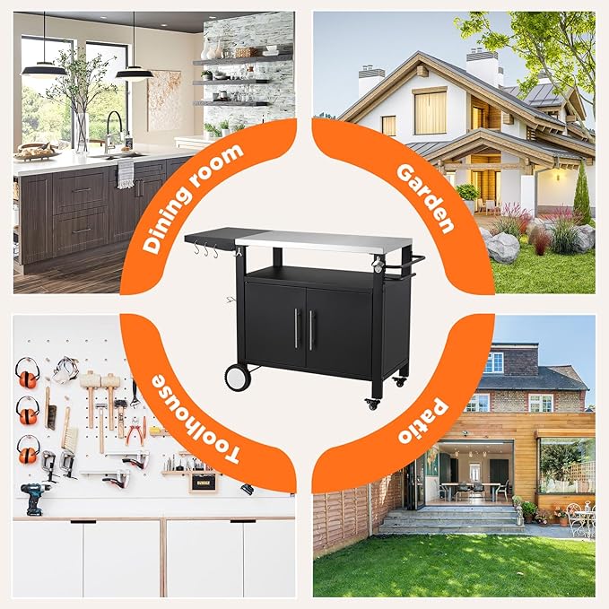 Outdoor Kitchen Storage Cabinet on Wheels, Grill Prep Table Kitchen Cabinets Island with Stainless Steel Top, Extension Plate, Outdoor Pizza Oven Stand Table for BBQ Patio Backyard