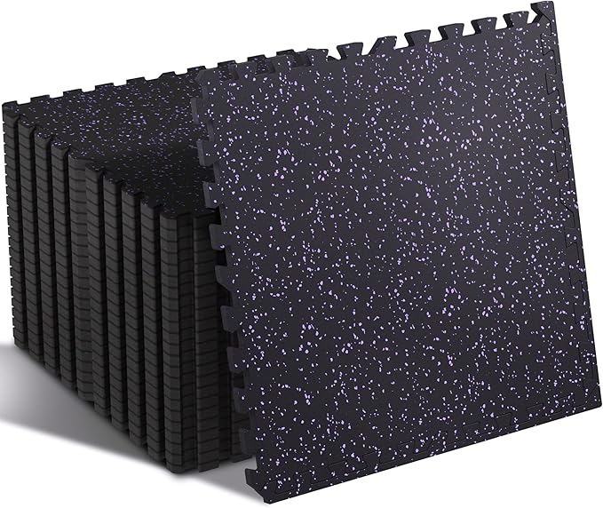 SUPERJARE 0.4'' Thick 24 Pcs 96 Sq Ft Rubber Top Exercise Equipment Mats, High Density EVA Foam Mats with Rubber Top, Interlocking Gym Flooring for Home Gym, Protective Workout Mat, Black/Purple
