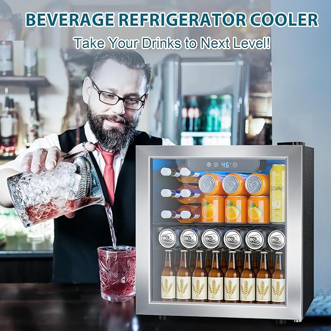 48 Can Beverage Refrigerator,12 Bottle Wine Cooler with Seamless Stainless Steel & Glass Door, Digital Temperature Display, Countertop Mini Fridge for Soda, Wine or Beer, Silver