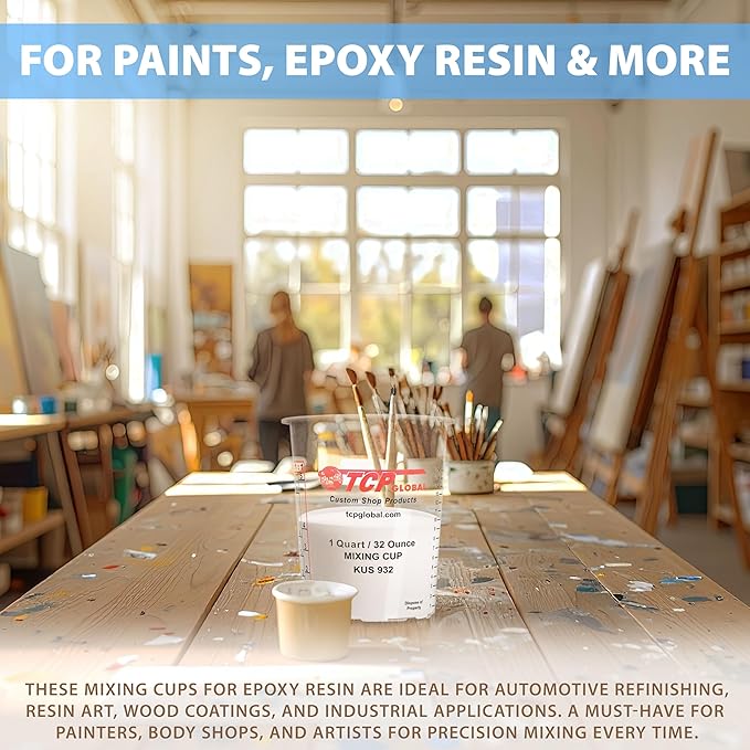Custom Shop Paint Mixing Cups, 32-Ounce (Box of 100) - Plastic Measuring Cups for Liquids, Automotive Painting, Epoxy Resin, Acrylic Arts, Crafts, Disposable or Reusable, Graduated, Mixing Ratios