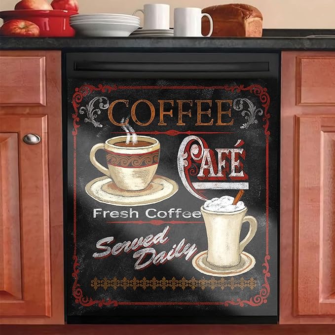 Yosa Black Dishwasher Cover Sticker Morning Coffee Decor Kitchen Refrigerator Magnet Home Coffee Tea Dishwasher Washer Panel Decal, 23x26inch( Magnetic )