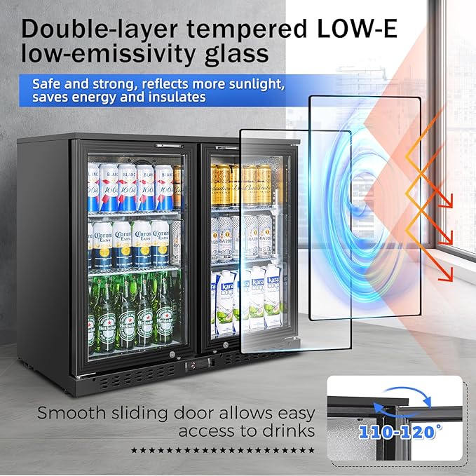 Back Bar Cooler with 2 Glass Doors Commercial Under Counter Beverage Refrigerator 7.4 Cu.ft. ETL Black Drink Fridges for Bar,Office,Convenience Stores