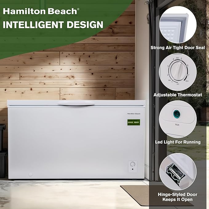 14 cu ft Chest Freezer - White, Large Storage for Families, Space-Saving Flat Back, Front Drain, Garage Ready - By Hamilton Beach