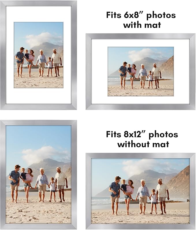 Americanflat 8x12 Picture Frame with Polished Plexiglass - Set of 5 - Use as 6x8 Frame with Mat or Display 8x12 Photo Without Mat - Galleria Collection - Picture Frames for Wall Display - Silver