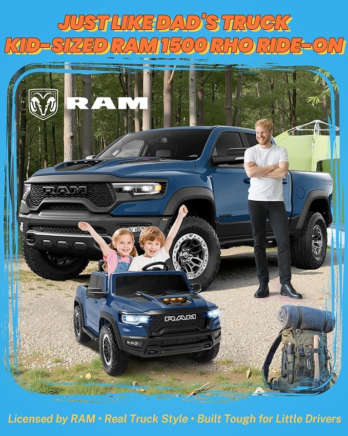 ENYOPRO 24V Ride on Toys for Kids 4-8, Licensed RAM 1500 RHO 2 Seater Kids Ride on Car w/Parent Remote, Power Pedal & Shock-Absorbing Wheels, Truck Bed Storage, Music, LED Lights (Blue - High Door)