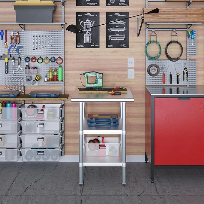 AmGood Stainless Steel Work Table with 2 Shelves | NSF | Metal Utility Table (24" Long x 30" Deep)