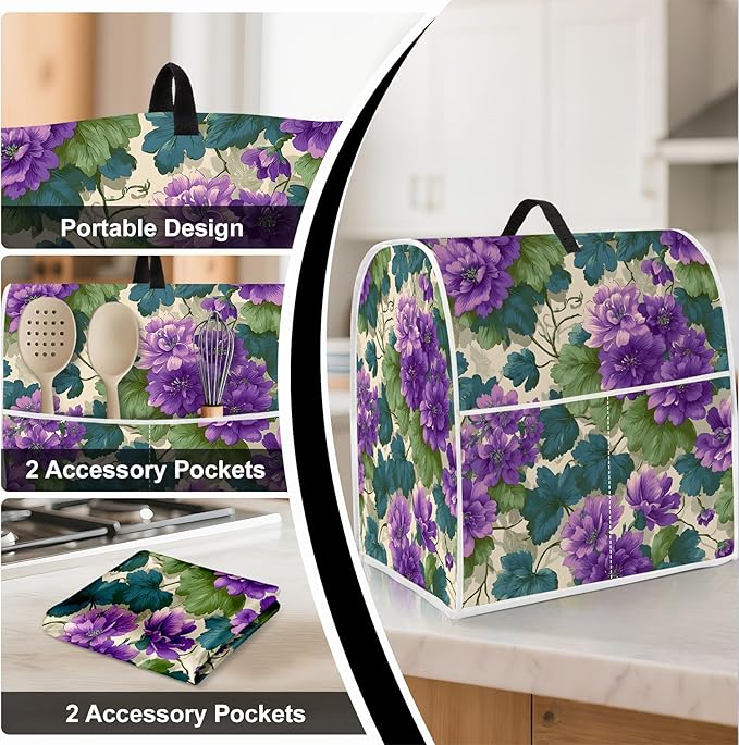 Stand mixer cover with handle and storage bag, reusable and washable, stylish retro floral design, keeps kitchen countertops clean and tidy (fits 6-8 quart mixers).