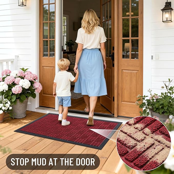 OLANLY Front Door Mat Outside Entrance 29.5x17, Absorbent, Heavy Duty Sturdy Natural Rubber Doormat Indoor Outdoor, Non-Slip, Stain and Fade Resistant, Low Profile Floor Mat for Entryway, Black Red