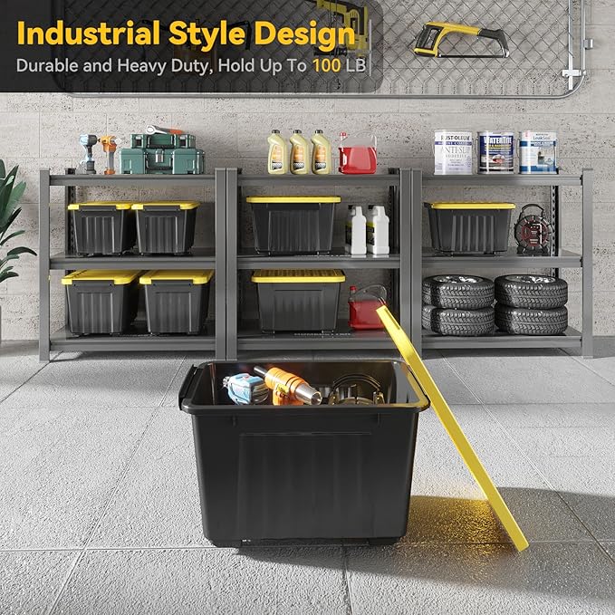 Nazhura 97 Quart Plastic Storage Bin, Stackable and Nestable Storage Boxes with Yellow Lids and Secure Latching Buckles, Large Storage Container (Black/Yellow, 97Quart-4Pack)