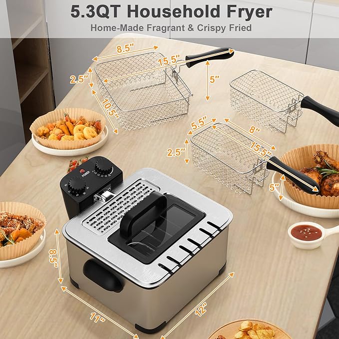 5.3QT Electric Deep Fryer with 3 Baskets, SIMOE 5L Stainless Steel Deep Fryer w/60 Timer & Lid with View Window, Home Countertop Oil Fryer w/Temperature Control for Kitchen, Party, French Fries