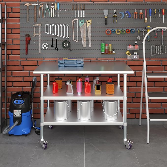 AmGood Stainless Steel Work Table with 2 Shelves and Casters | Metal Utility Table On Wheels (Stainless Steel Work Table with 2 Shelves + Casters, 48" Long x 30" Deep)