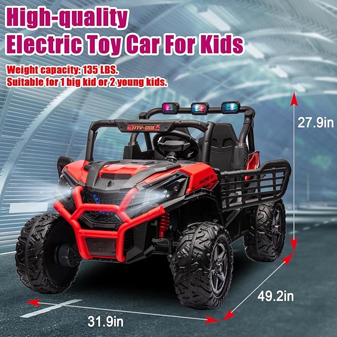 24V Ride On Car for Kids, 2 Seater Ride On UTV, Battery Powered Kids Electric Car with Remote Control, 4WD Side by Side Ride On Truck with Bluetooth, Red