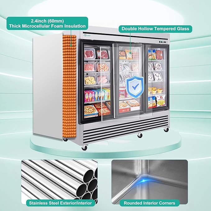 COOLCHEF 81"Commercial Glass Door Freezer, 72 Cu.Ft Triple-Door Reach-In Freezer, -8~0℉, Heated Triple Low-E Glass, 12 Shelves, R290