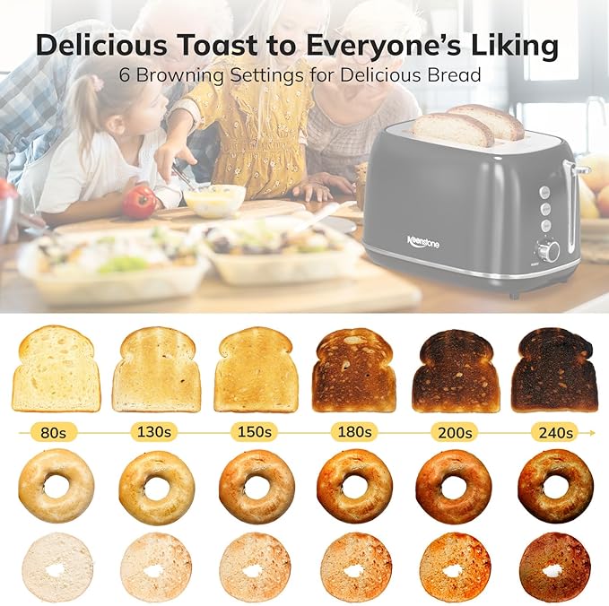 2 Slice Retro Stainless Steel Toaster with Bagel, Cancel, Defrost Function and 6 Bread Shade Settings Bread Toaster, Extra Wide Slot and Removable Crumb Tray (Black)