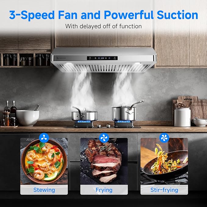 AMZCHEF Under Cabinet Range Hood 36 Inch, 700CFM Stainless Steel Kitchen Stove Vent Hood 3 Speed Exhaust Fan Touch/Remote/Gesture Control LED lights Time Setting Dishwasher-Safe Baffle Filters