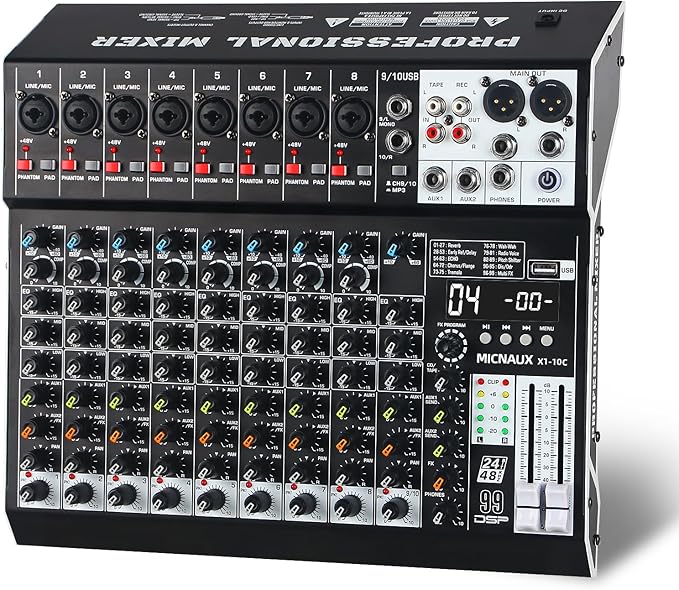 Audio Mixer 10 Channel Professional Sound Mixer Console with 99 DSP Effects, Mixing Board DJ Mixer w/USB, Bluetooth, 48V Power Supply, PAD Button for Recording Karaoke PA Drum Live Music