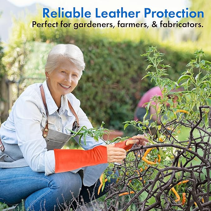 Arm Chaps Leather Protective Sleeves Arm Guard - Prevent Cuts, Scratches & Bruises - Genuine Cowhide - Ideal for Gardening & Construction - Left & Right Form-Fitting. Orange (1 Pair/Large).