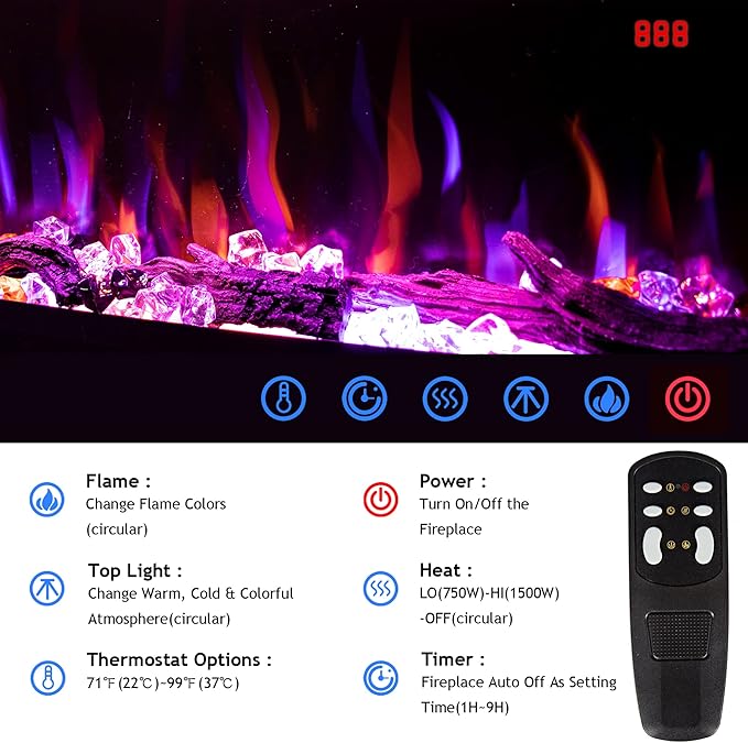 74 inch Electric Fireplace, Smart Fireplace Insert recessed in Wall and Wall Mounted fire Place Heater with Metal Frame, Multicolor Flame & Realistic logs，Thermostat& Timer, 1500W, Black