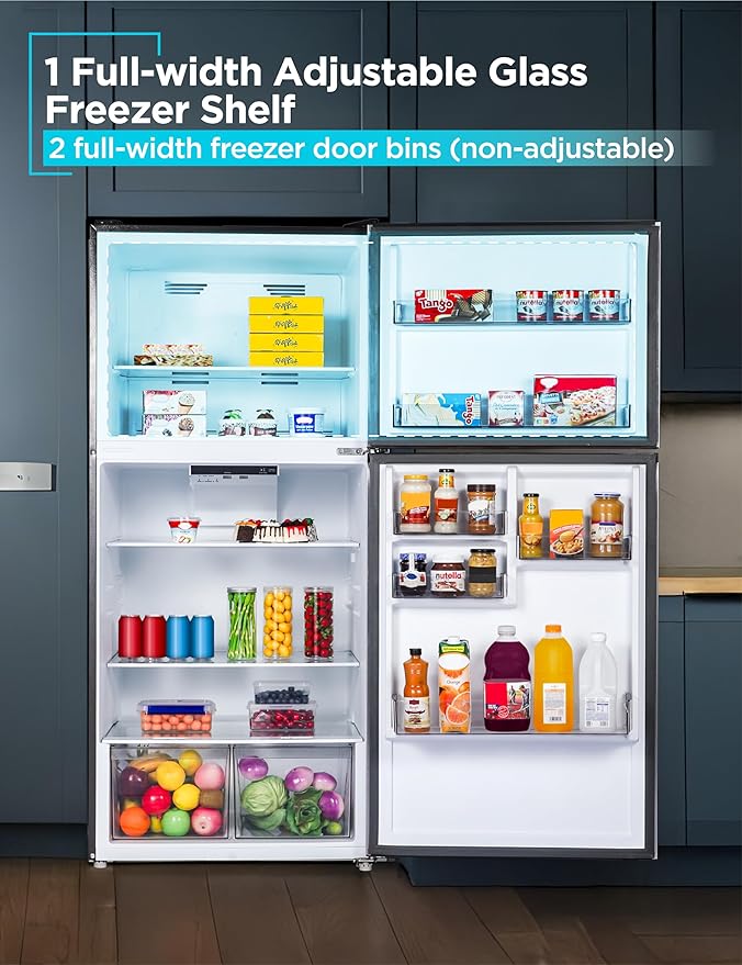 BLACK+DECKER 20.1 Cu. Ft. Top Mount Refrigerator with Freezer, 2 Door Fridge with Top Freezer and Adjustable Temperature Control, Full Size Kitchen Refrigerator, ENERGY STAR, BR2010JB, Black