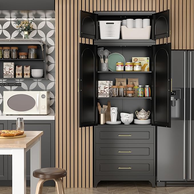 Kitchen Pantry Cabinet，90" Storage Cabinets with Doors and Shelves,Metal Pantry Cabinet with 3 Drawers,Black Kitchen Cupboard for Livingroom,Pantry, Bathroom