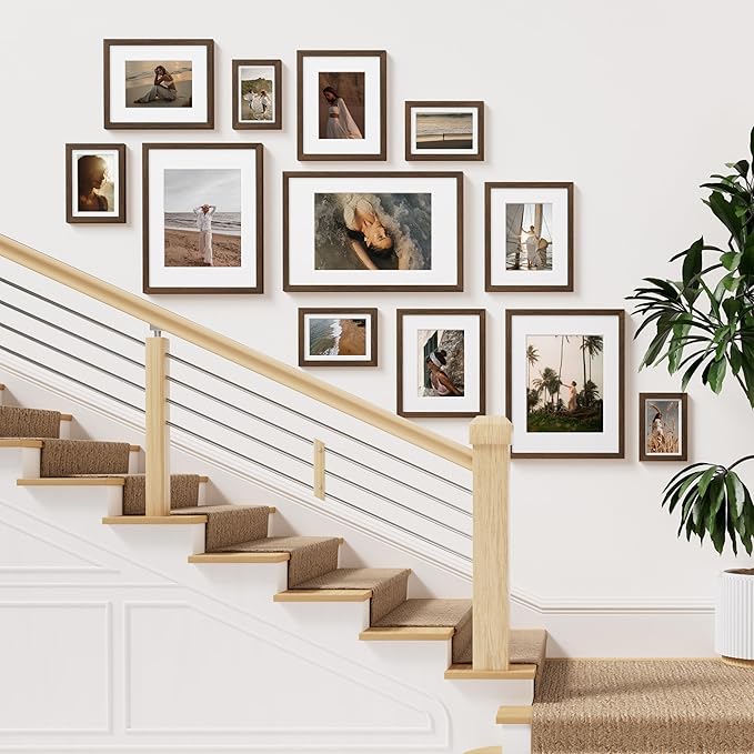 Vittanly 12x12 Picture Frame Set of 2, Solid Wood Frame for Wall Art Photo and Prints, Display Photo 8x8 with Mat or 12x12 without Mat, Brown