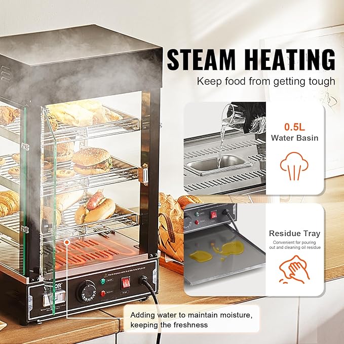 VEVOR 3-Tier Commercial Food Warmer Display, 1000W Food Display Warmer with Light, Adjustable Shelf and Temperature Display, 86℉~185℉ Steam Heating, 57L for Hamburger, Pizza, Bread, Fried Chicken