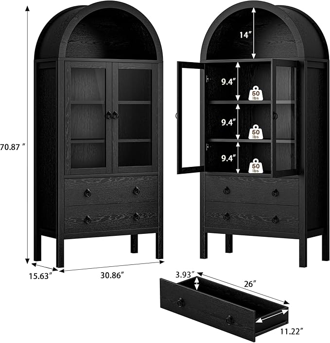 71'' Tall Arched Cabinet, Arched Kitchen Pantry Cabinet with Doors, Wood Arch Storage Cabinets Display Bookcase with 2 Large Drawers and Adjustable Shelves, Versatile Cupboard for Living Room