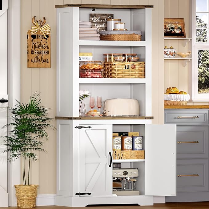 TEENFON 70.9in Tall Storage Cabinet with Adjustable Shelves, 5-Tier Bookshelf with Barn Doors, White Farmhouse Wood Bookcase for Living Room, Bedroom