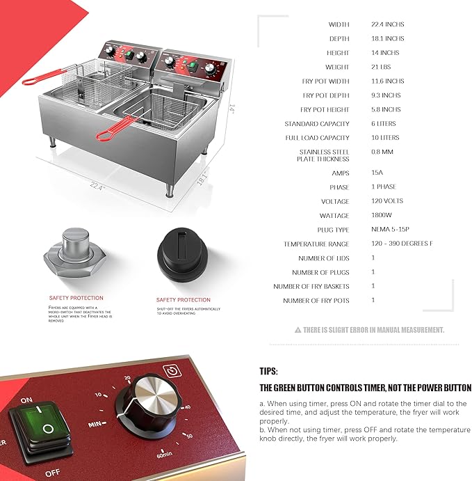 EGGKITPO Deep Fryers Stainless Steel Commercial Deep fryer with Timer Dual Tank Electric Deep Fryer with 2 Baskets Large Capacity 10L X 2 Electric Countertop Fryer for Restaurant and Home, 120V 3600W