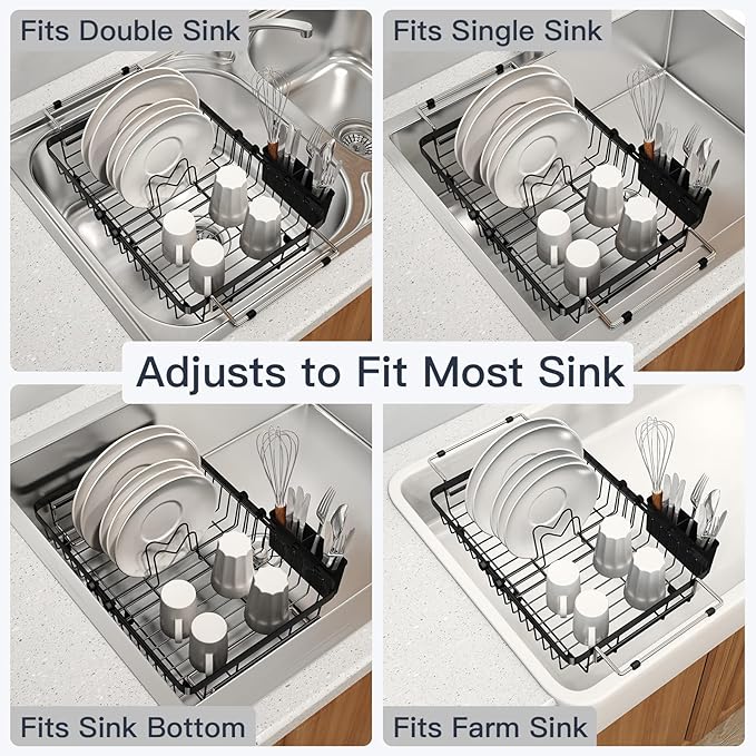 Small Expandable Over The Sink Dish Drainer Drying Rack In Stainless Steel Metal For Kitchen, Counter Space Saving Compact Above Plate Dryer Strainer, Adjustable Hanging Inside Sink Wire Drain Holder
