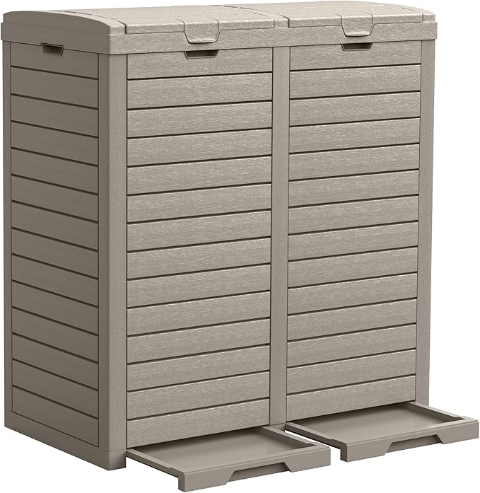 DWVO 76 Gallon Outdoor Resin Trash Can with Dual Lid and Drip Trays, 248 Quart Hideaway Garbage Bin for Porch, Backyard, Deck, Patio, Poolside, Easy Maintenance, 30.7''L x 16.3''W x 33.9''H (Taupe)