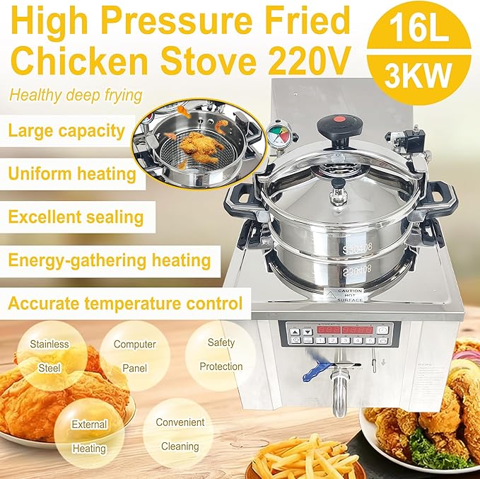 16L Commercial Pressure Fryer, 220V 3000W Electric Countertop Deep Fryer with Digital Control Panel, 304 Stainless Steel Frying Basket with Handle for Chicken Wings Chips Fishes Meatballs
