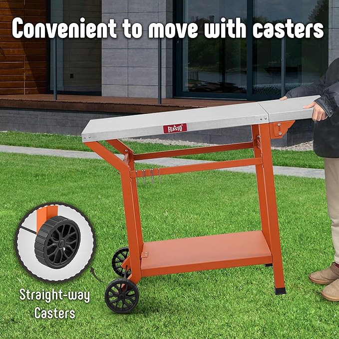 Movable Grill Table with Folding Side Table, Pizza Oven Table as BBQ Food Prep Cart with Undershelf for Outdoor & Indoor Use, 43" L x 20" W Stainless Steel Tabletop, Orange