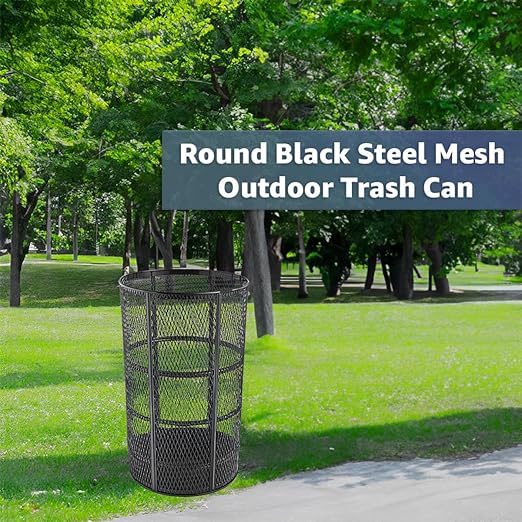 48 Gallon Mesh Black Trash Can, Steel Outdoor Heavy-Duty Commercial Waste Bin, Round Recycle Container, Durable Garbage Can for Parks, Municipalities, Schools, Parking