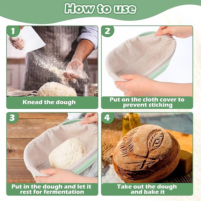 Nuogo 4 Pack Oval Bread Proofing Basket Silicone 10 Inch Collapsible Sourdough Bread Baking Supplies Dough Proofing Bowl with 4 Pcs Dough Scraper and 4 Pcs Basket Covers(Green)
