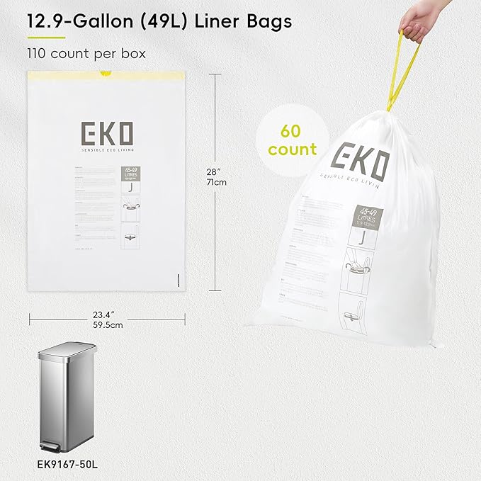 EKO 12.9 Gallon / 45-49 Liter, 60 Count Drawstring Trash Bags, Extra-Strong Unscented Garbage Bags, Easy-Dispense Roll for Kitchen & Household Use, Resists Tears, Leaks and Punctures, Code J, White