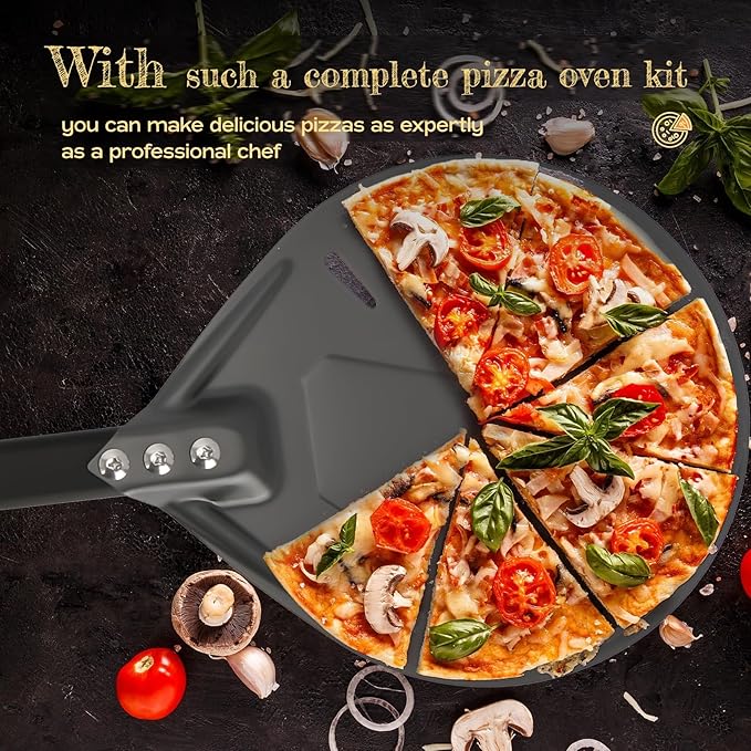 5-Piece Pizza Oven Kit, 9 Inch Turning Peel & 12 Inch Perforated Pizza Peel with 40 Inch Aluminum Handle, Pizza Oven Brush, Ash Rake, Pizza Fork for Home & Commercial Use