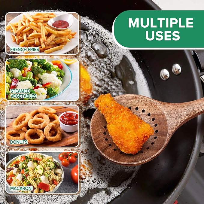 Wooden Cooking Utensil, Teak Slotted Spoon for Cooking, Natural Wood Colander Ladle Spoon with Holes, Long Handle Teak Skimmer Strainer Spoon with Teeth for Straining Draining Egg Meat Noodles,11.2″