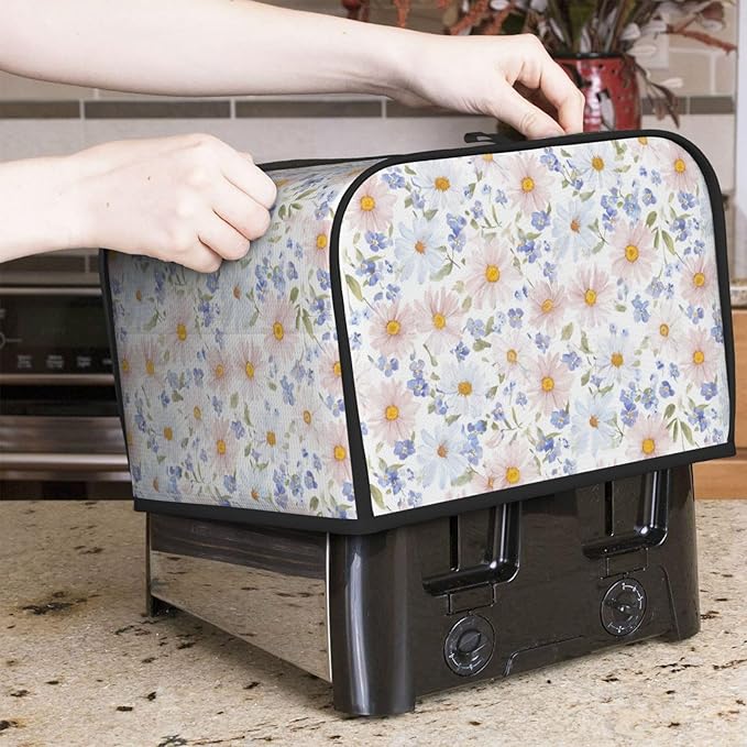 4 Slice Toaster Cover for Kitchen Flower Pastel Floral Waterproof and Dustproof Toaster Dust Cover with Side Pockets Decorative Universal Cover for Wide Slot Toasters and Small Appliances