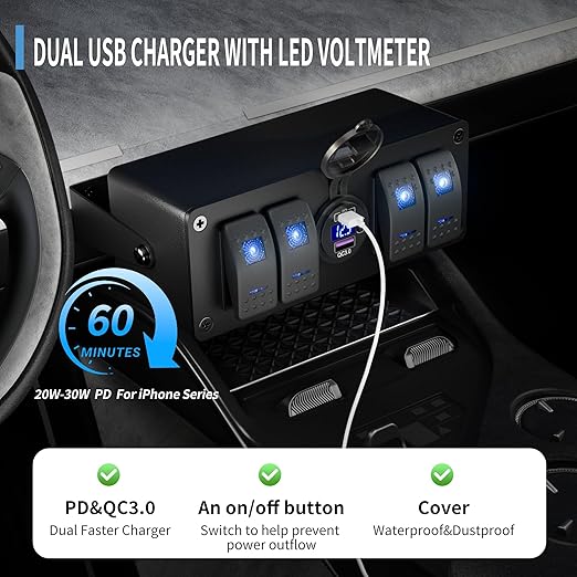 Joinfworld 4 Gang Rocker Switch Box 12V SPST ON/Off Marine Switch Panel 12 Volt Waterproof Blue LED Light Bar with Dual USB Outlet PD3.0 & QC3.0 Car USB Port for Boat Automotive Car Truck RV UTV