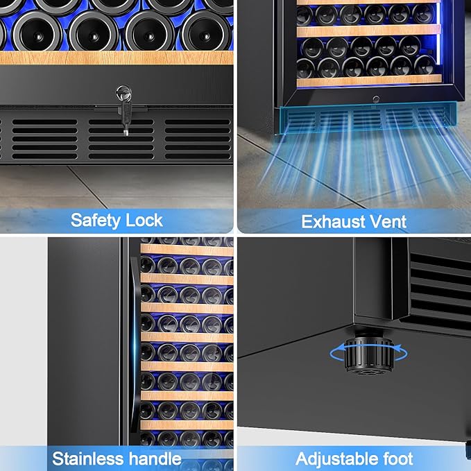 24" Wine Cooler Refrigerator Black, 24 Inch Wide Large Capacity Freestanding/Built in Wine Fridge for 154 Bottles with Safety Lock, Professional Wine Cellar with Glass Door