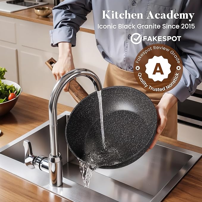 Kitchen Academy 17-Piece Induction Cookware Set, Nonstick Black Granite Pots and Pans