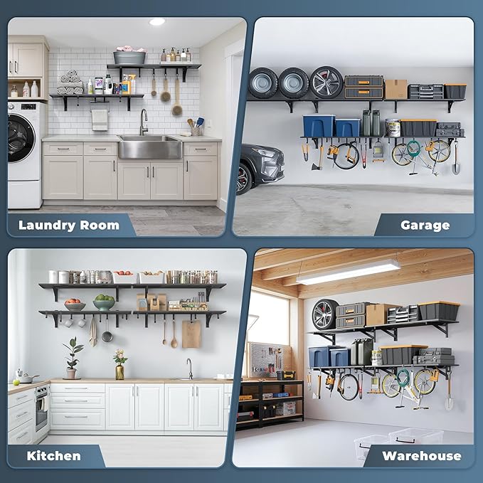 4-Pack 1.5x4ft Garage Shelving Wall Mounted, 1.5 x 4' Heavy Duty Garage Storage Shelves with Hooks, 1000LB Capacity